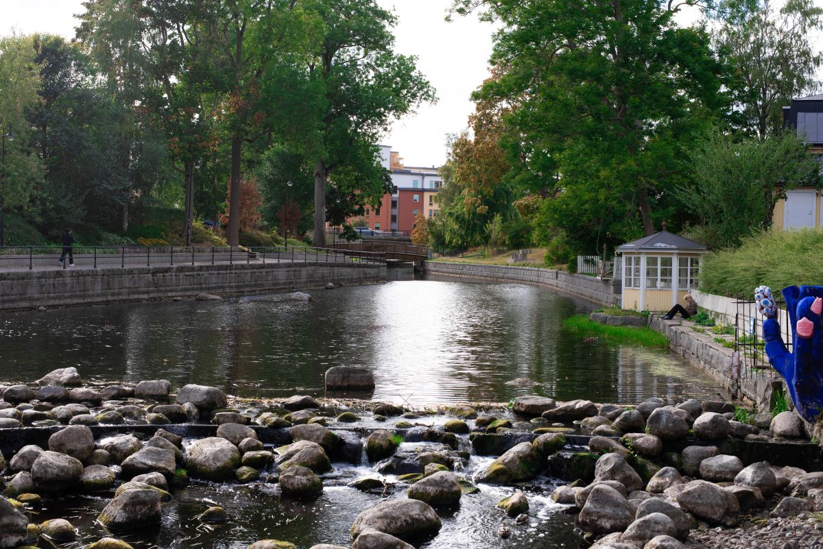 Vattnet forsar över stenarna och under bron.